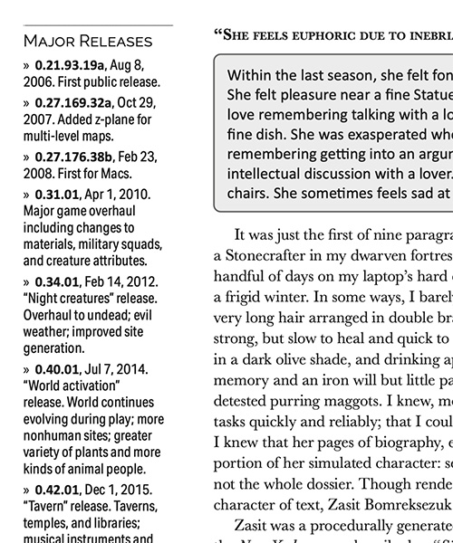 Detail from the book's chapter on Dwarf Fortress, showing a sidebar with a history of major releases of the game.