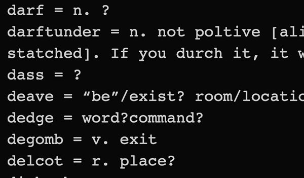 Close-up of player notes from the Gostak featuring guesses at definitions for various words, including darftunder: noun, not poltive.
